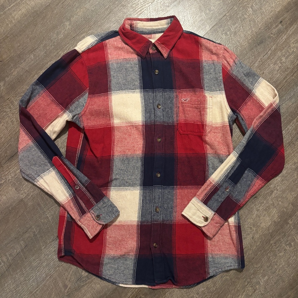 Hollister Red, Blue, and Cream Plaid Button-Up